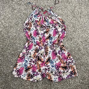 Coalition Romper Womens XL Multicolor Tropical Floral Halter Open Back Summer